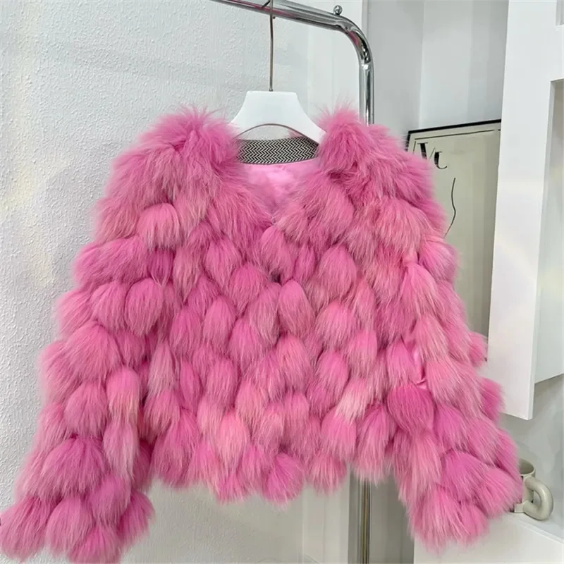 

2023 Winter New Real Fox Fur Coats For Women Korean Fashion Short O Neck Long Sleeve Warm Jacket Female Outwear Y3068