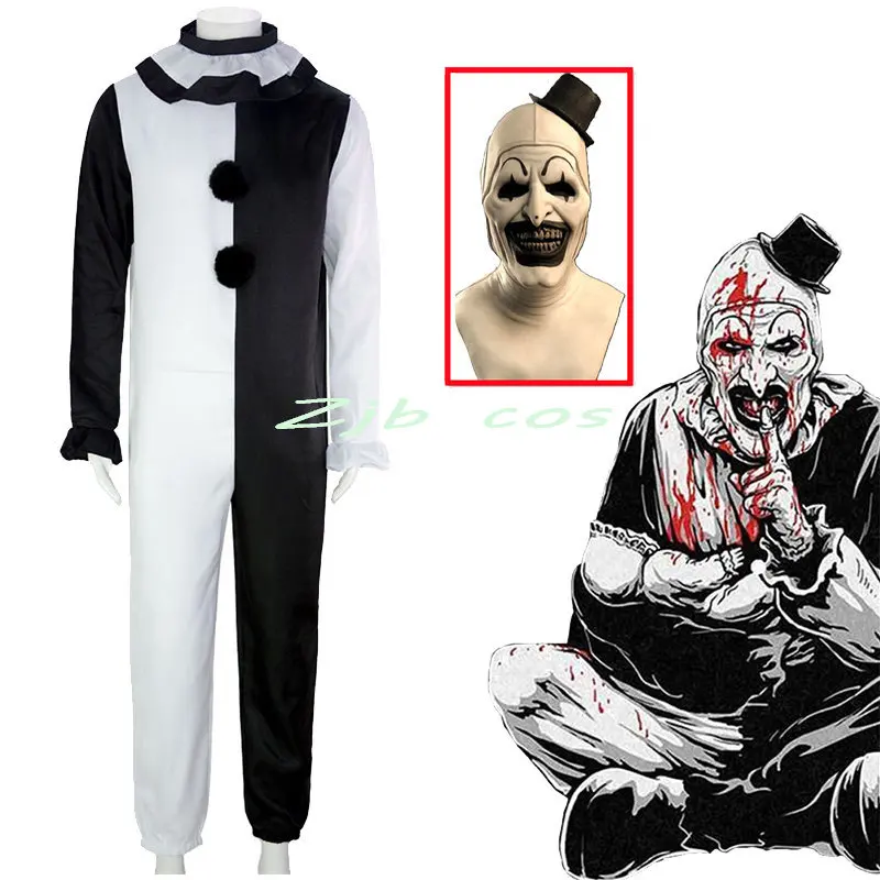 Disfraz de payaso Joker para hombre y mujer, Mono de terror para Halloween,  Mono Blanco y Negro, conjunto de ropa de payaso con máscara