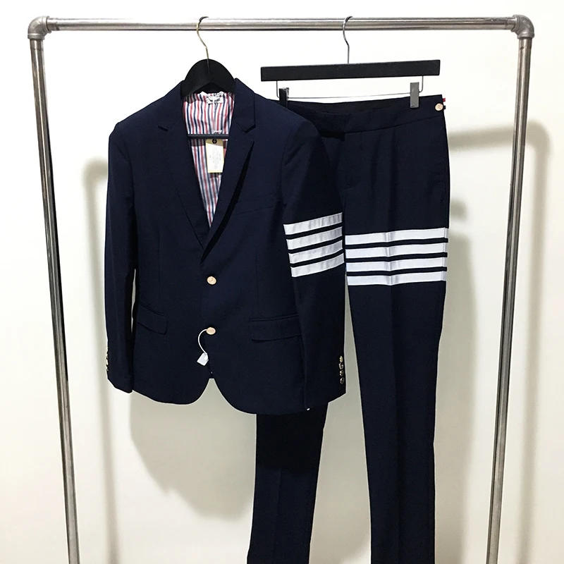 Classic Style TB Men's White Four-bars Red White Blue Striped Webbing Suit Jacket + Pants Business Casual Two-piece Suits Trend