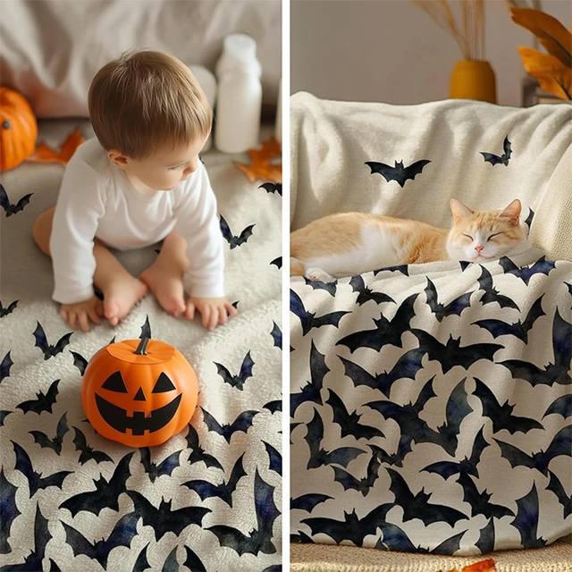 Couverture polaire d'Halloween imprimée chauve-souris effrayante : parfaite pour les nuits qui refroidissent! Couverture en flanelle, douce et confortable, cadeau 3