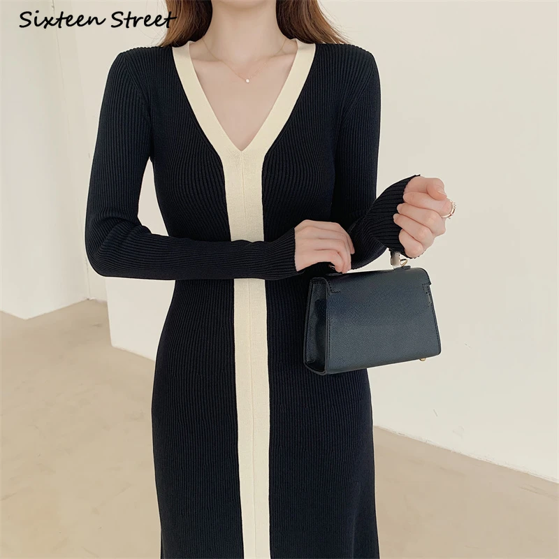 

Женское трикотажное платье-свитер с V-образным вырезом