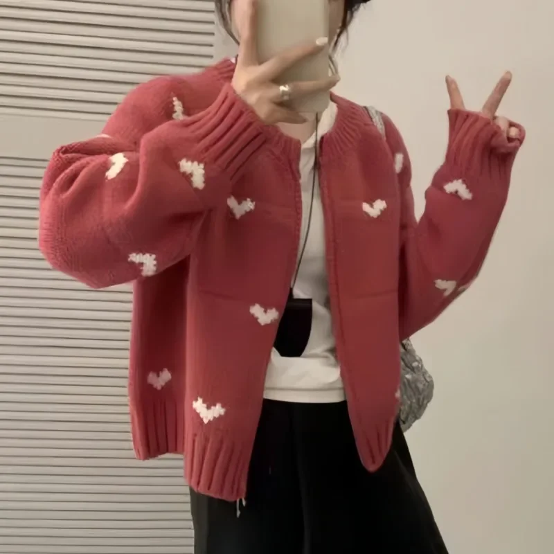 Fashion New 2025 Women's Love Long Sleeve Cardigan Sweater Autumn and Winter Casual Zipper Loose Knitwear Crew Neck Top
