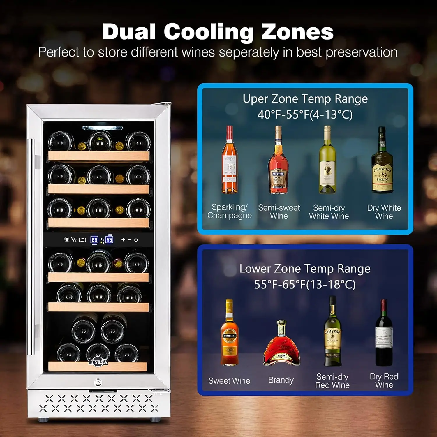 Mini Fridge 15 Inch Wine Cooler Under Counter, 30 Bottle Dual Zone Wine Fridge with Stainless Steel, Wine Refrigerator Fre 2