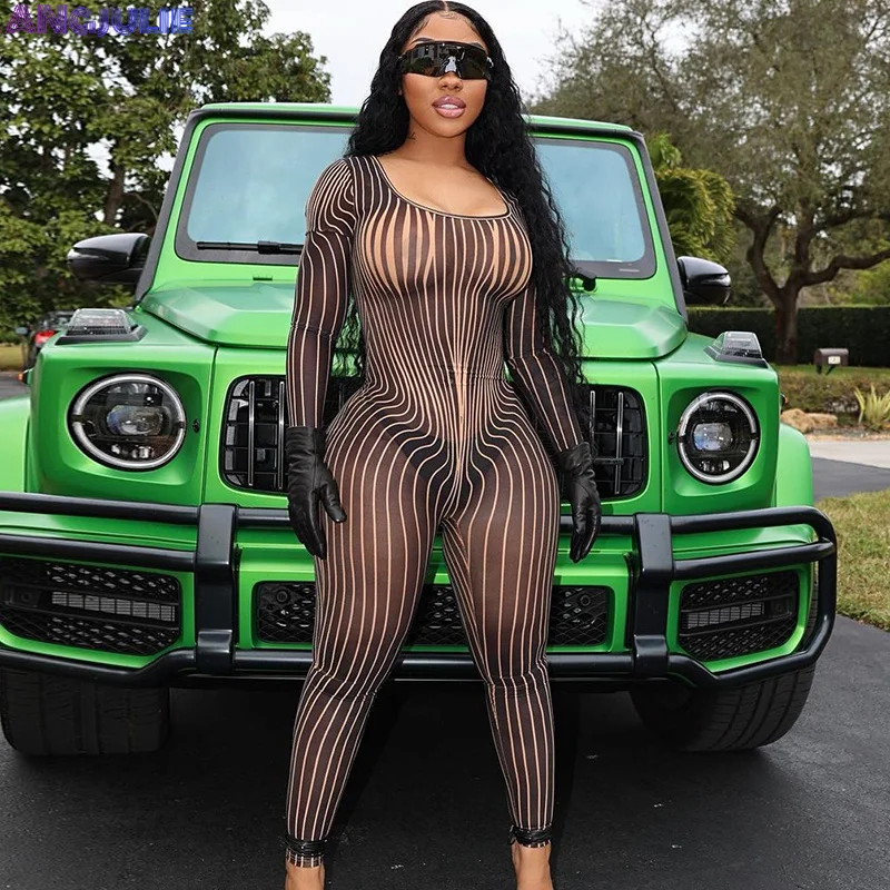 

Angjulie Striped Print Black Jumpsuits Women Sexy Square Neck Long Sleeve Slim Attirewear 2023 Fashion One Pieces Sport Overall