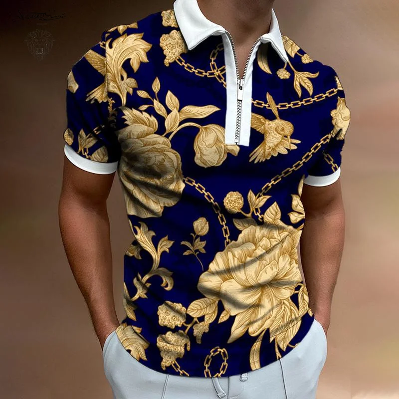

Hot Sale European American Men's Clothing Polo Shirts Streetwear Summer Casual Turn-down Collar Zipper Daily Short Sleeve Tops
