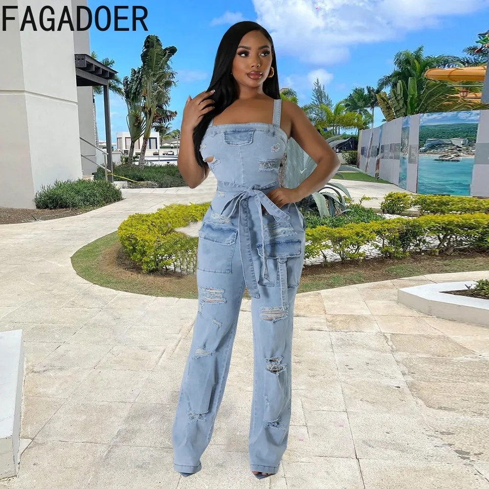 FAGADOER Fashion Street Style Women Hole Tassels Denim Strap Sleeveless Jumpsuits Spring Female Lace Up Straight Cowboy Playsuit
