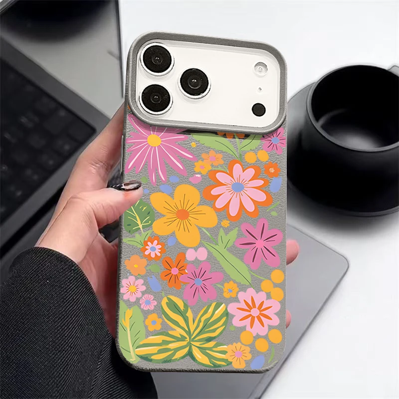 Vibrant Cartoon Flowers Shockproof Leather Texture Silicone Phone Case