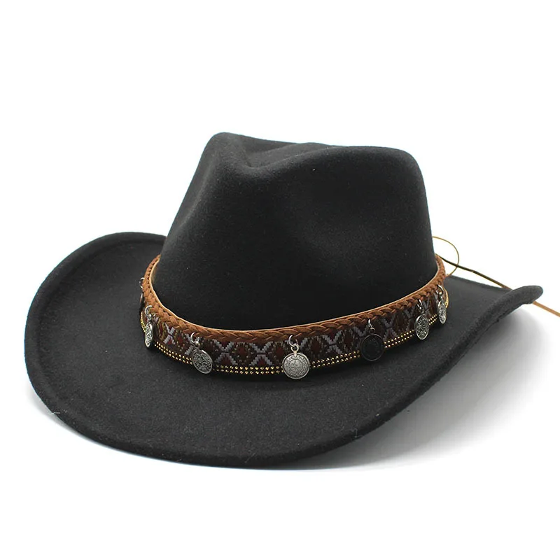 Wide Brim Cowgirl Hats with Vintage Embroidered Hat Band Jazz Hats Western Style Sombreros for Women Men