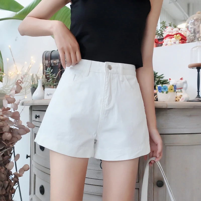 Spring New Korean Style Simple Flanging High Waist Slimming Denim Shorts Female Student All-Matching Straight Wide Leg Hot Pants compression shorts