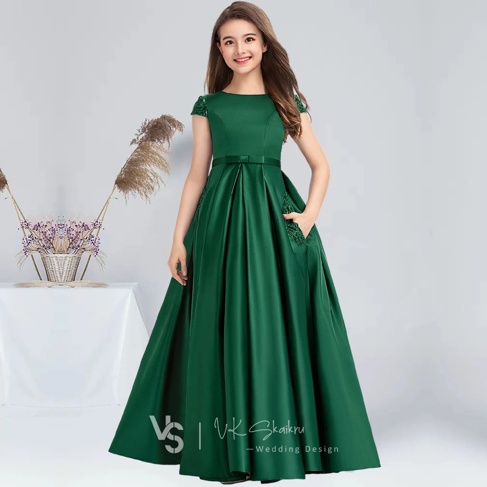 Ball-Gown/Princess Scoop Floor-Length Lace Satin Junior Bridesmaid Dresses With Bow Dark Green Flower Girl Dress Communion Dress 2