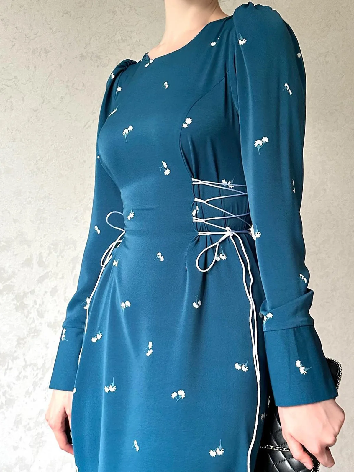 Printed Bandage Elegant Maxi Dress For Women Slim Patchwork Lace-Up Long Sleeve Fashion Dress Female Contrast Long Dress