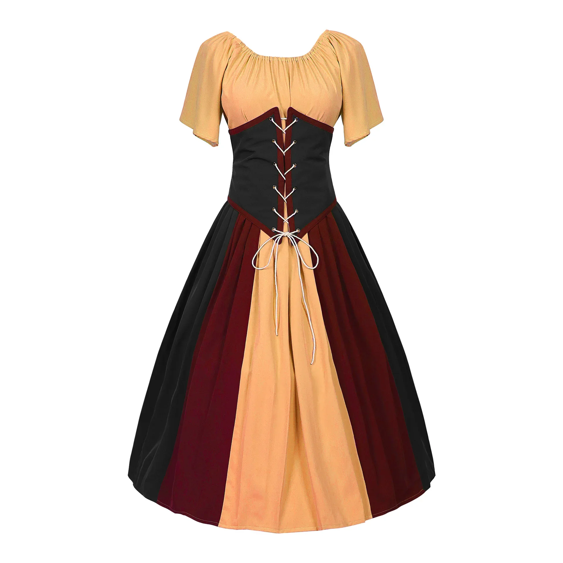 

Women Medieval Retro Dress Party Slim Waist Big Swing Slash Neck Contrast Lady Empirt Bandage Elegant Renaissance Clothing