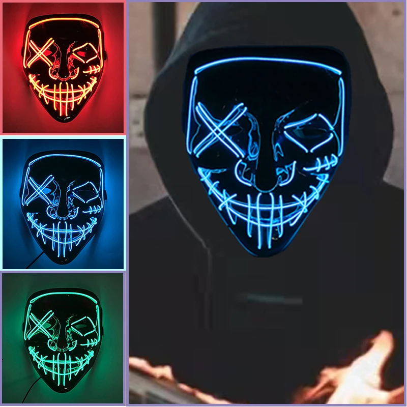 Nuovo Design Halloween Neon Light Up Horror Mask Led Luminous Purge Mask Incandescente Rave Cosplay Party Film Mask Festival Puntelli