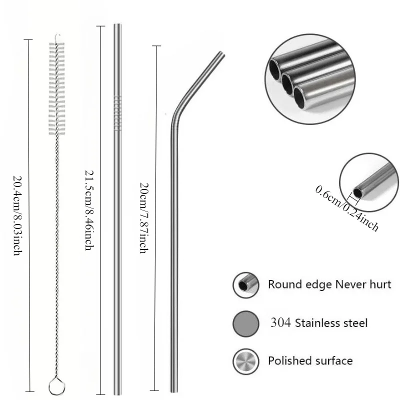 Durable Stainless Steel Reusable Metal Straws with Cleaning Brush for Milkshakes, Bubble Tea, and Smoothies