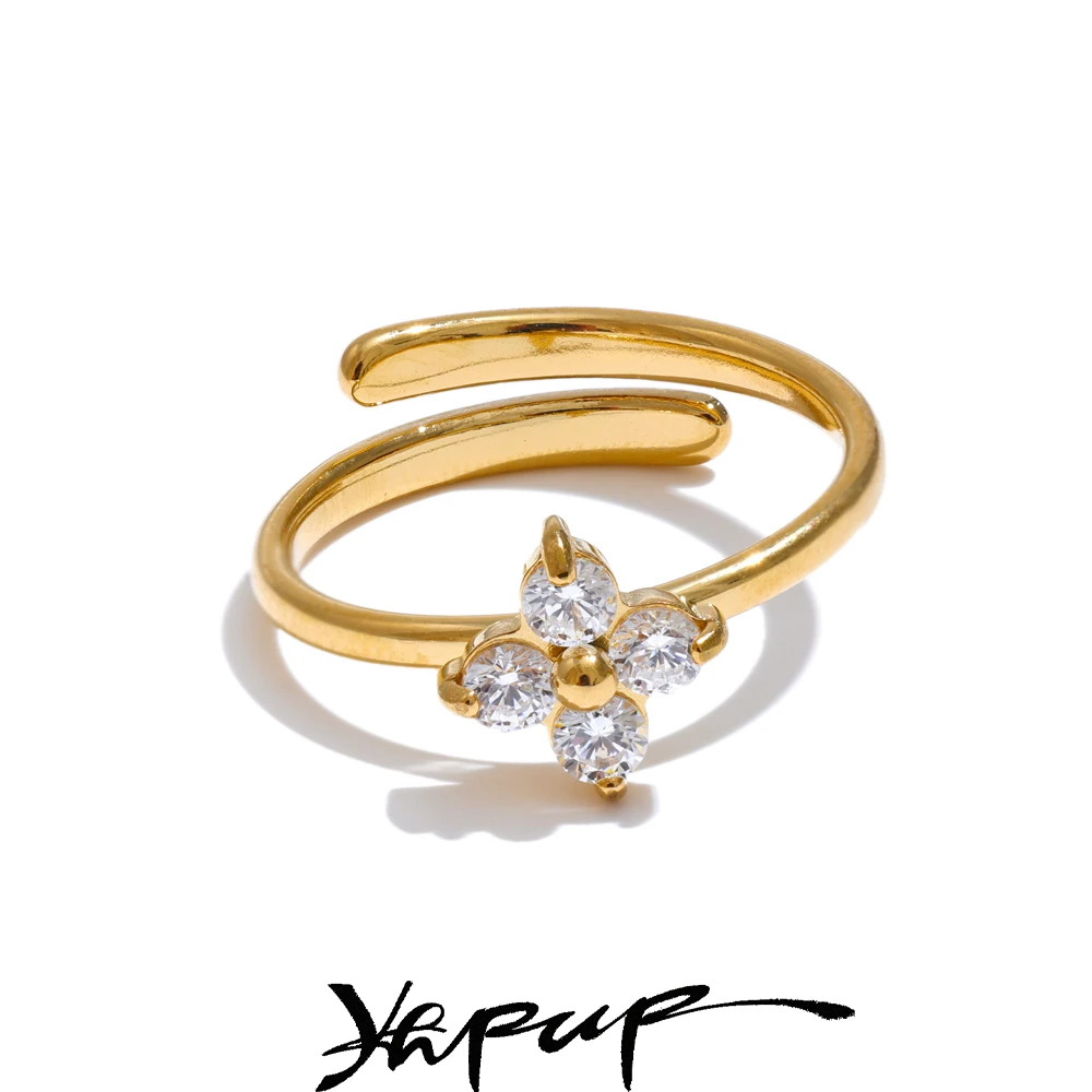 Yhpup Ring Stainless Steel Cubic Zirconia Flower Adjustable Women