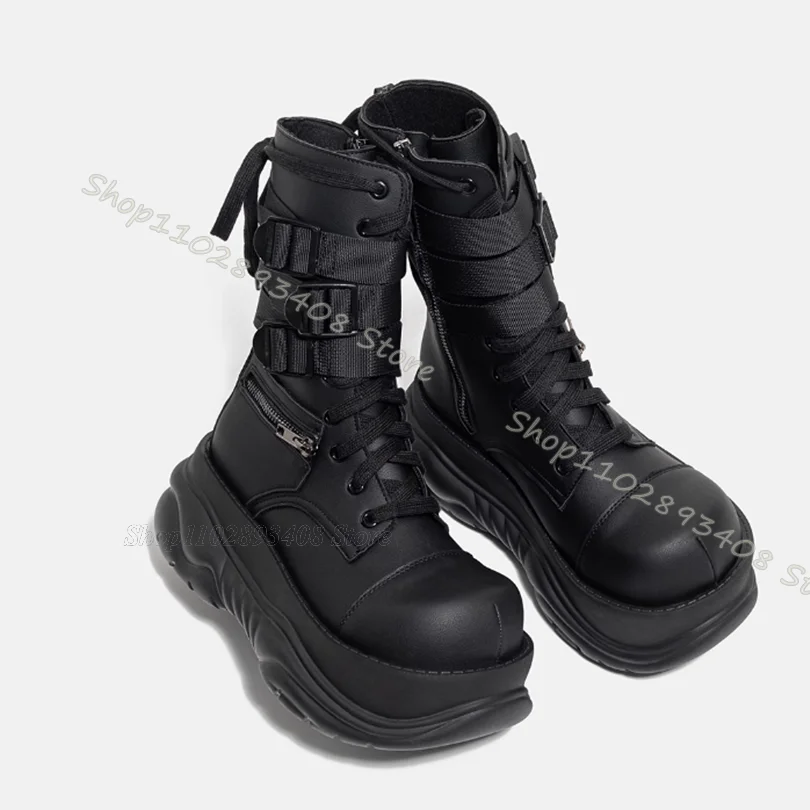 

Black Muffin Bottom Ankle Boots Belt Buckle Platform Side Zipper Shoes Autumn Punk Style Stylish Women Boots Zapatos Para Mujere