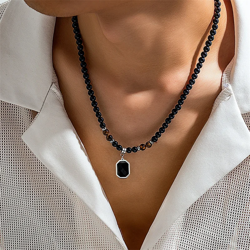 Collier avec pendentif œil de tigre en acier inoxydable pour
