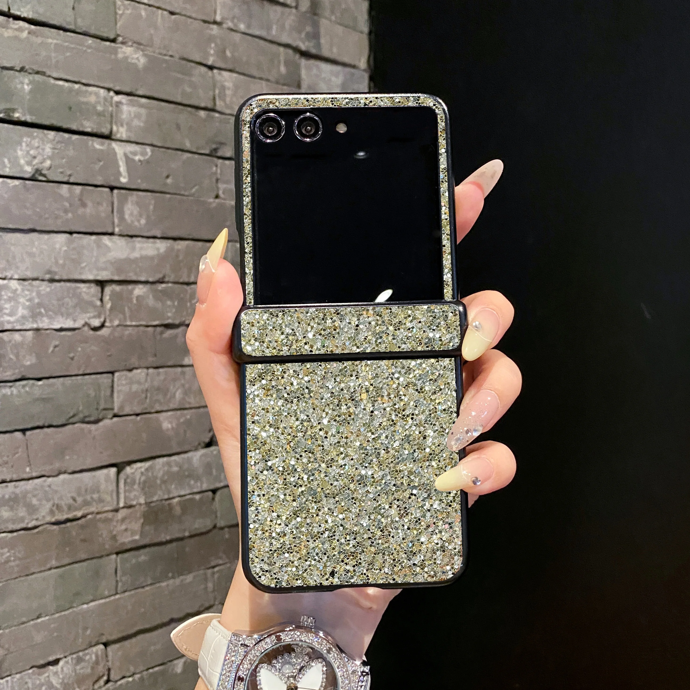 Sparkling Rhinestones Glitter Leather Phone Case with Shiny Hard PC Cover