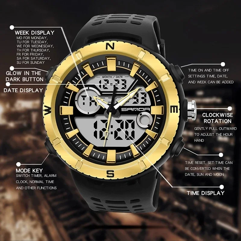SANDA Brand Sports Chronograph For Men Quartz Watch Multifunctional Sports 5ATM Waterproof LED Luminous Display Male Clock 776