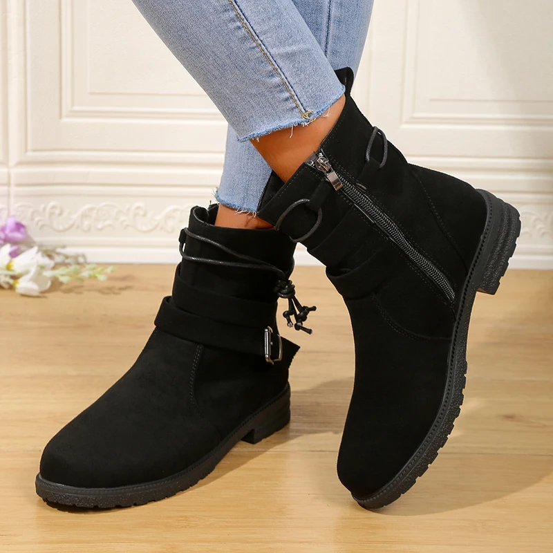 Fashion Women's Boots Suede and Calf Fashion Boots Fall Low Heel Foot Cover British Wind Platform Boots Large Size Women's Shoes