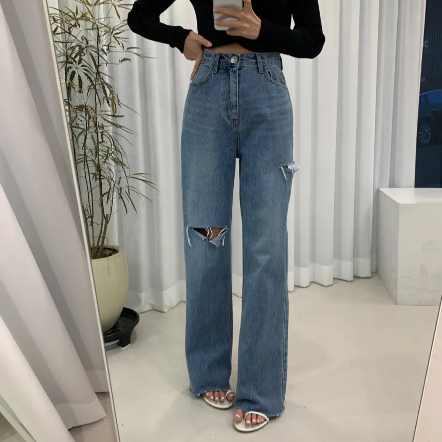 

South Korea chic summer new design sense niche high waist asymmetrical tear straight tube mop jeans female