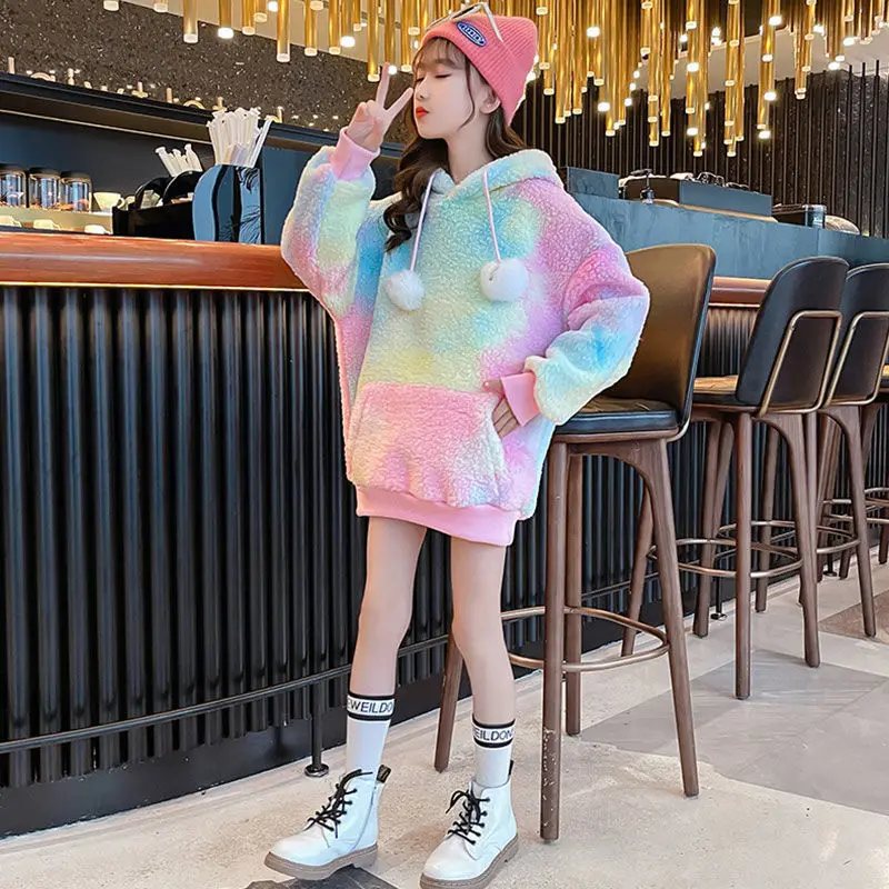 3-8-10-14 Girls sweater clothes winter and spring hoodie Korean version children's hoodie thickened fleece sweater mid-length