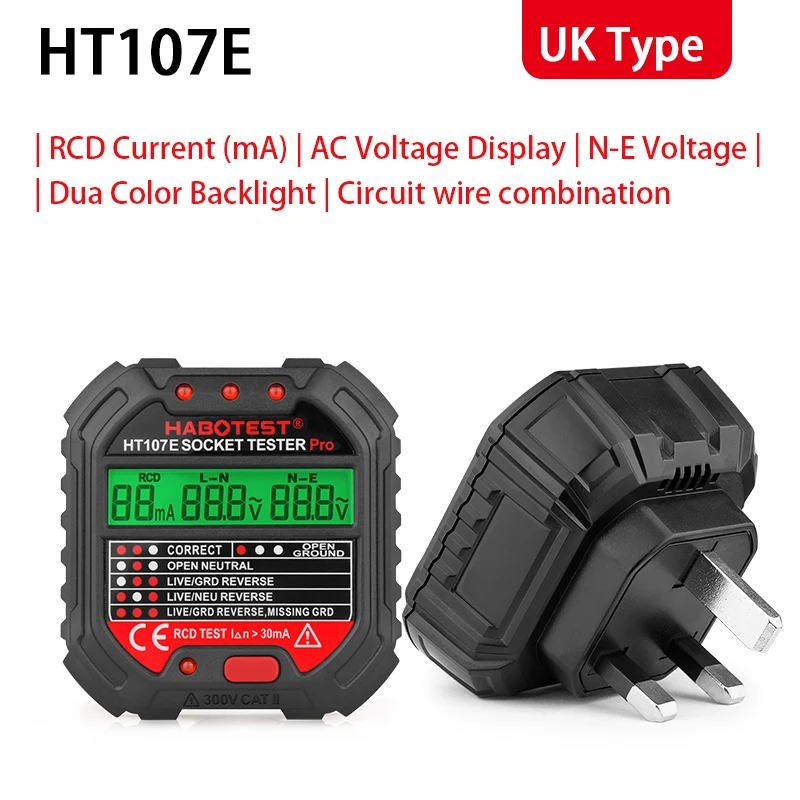 Habotest HT107 Pro Socket Tester A Comprehensive Tool for Voltage, RCD 30mA, UK/