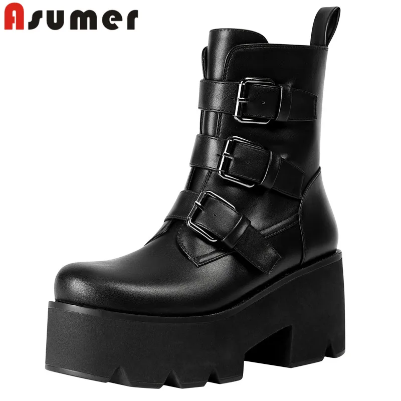 

ASUMER 2023 Size 35-46 New Top Sale Ladies Buckle Platform Boots Microfiber Ankle Boots Women Thick High Heels Zipper Shoes