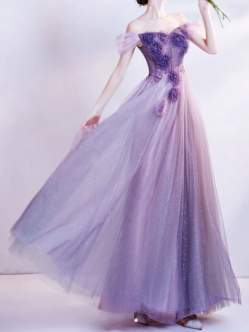 A-line Applique Sweetheart Neck Tulle Slit Dress Lavender main image 1