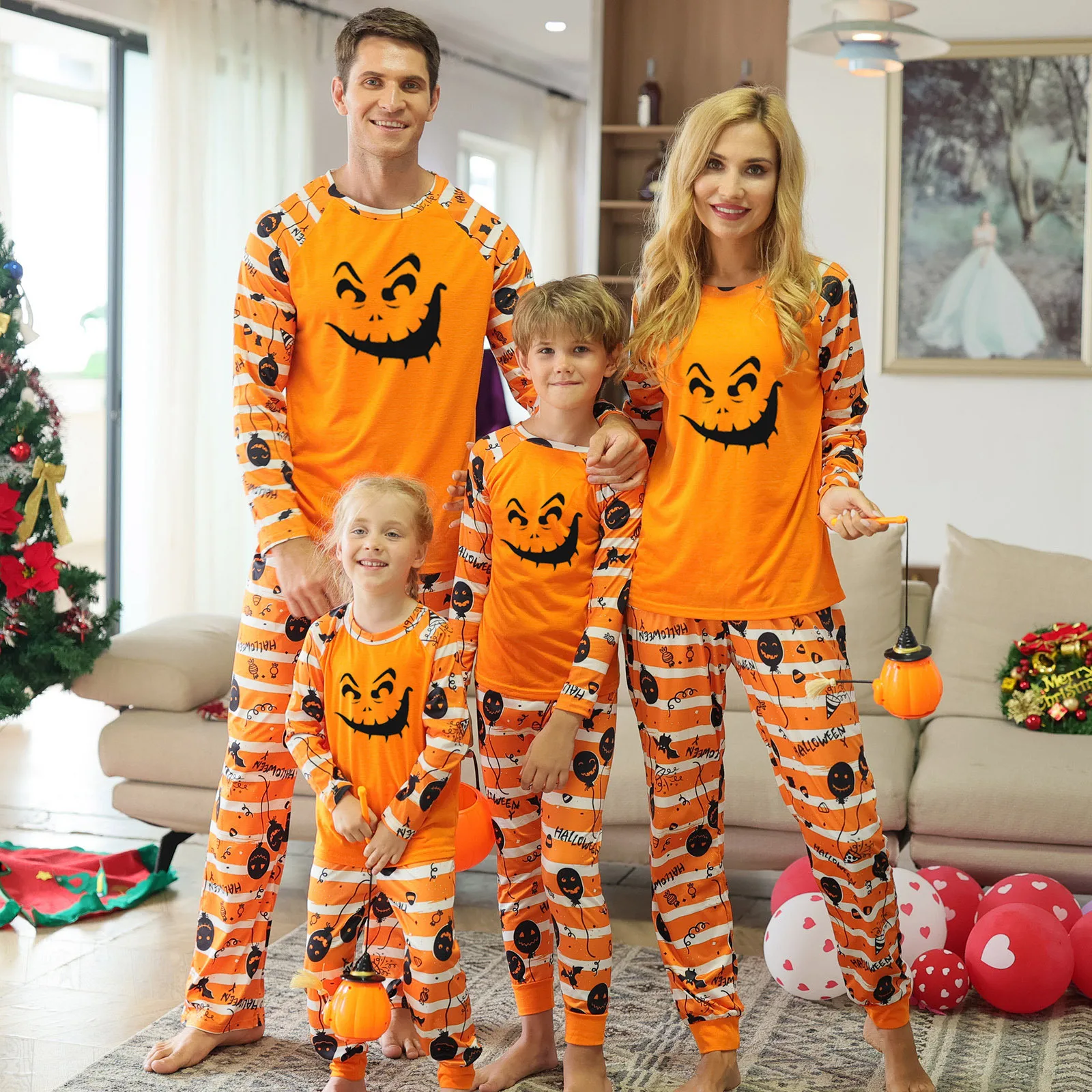 

European and American Parent-Child Home Clothing Halloween Children's Clothing Home Clothing Pajamas Home Clothing Orange Hallow