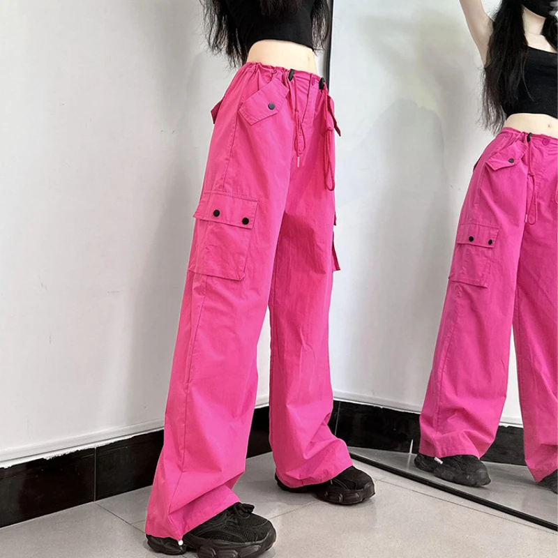 DAYIFUN-Women's High Waist Cargo Pants Straight Trousers Female Wide Leg Long Pants Casual American Cotton Sports Summer