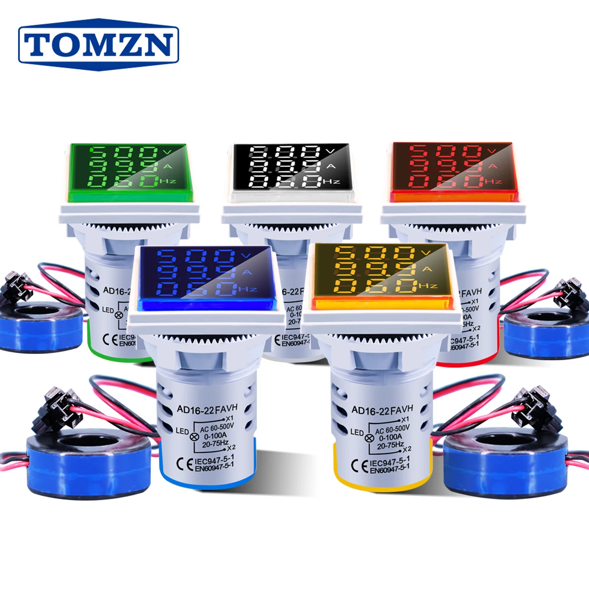 Mentin 3 en 1 22mm AC Voltmètre Ampèremètre Hz Courant Fréquencemètre Indicateur Tension Numérique Amp Hz Led Lampe Carrée Signal Lumière avec CT (Blanc