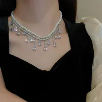 Luxury Rhinestone Crystal Chokers Necklaces For Women Multilayer Imitation Pearl Chain Necklace For Party Wedding Jewelry 3