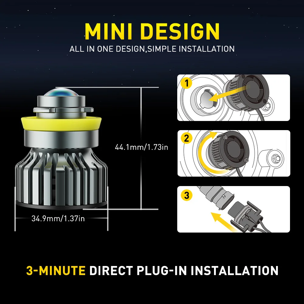 AUXITO 2개입 신형 H11 H8 LED 안개등 프로젝터 터보 H9 H16(JP) LED 안개등 미니 자동차 주행등 DRL 3000K 옐로우 화이트 12V