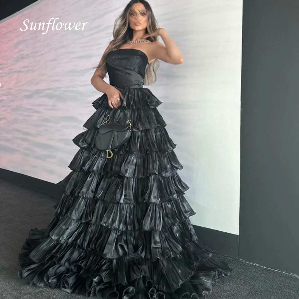 

Sunflower Simple Strapless Cake Skirt Taffeta Evening Dress 2023 Slim Sleeveless Tiered A-LINE High-end Custom Gown Sweep Train