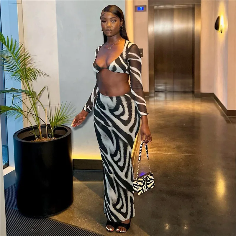 Long Sleeve Crop Zebra Crop Top And Skirt Echoine Black And