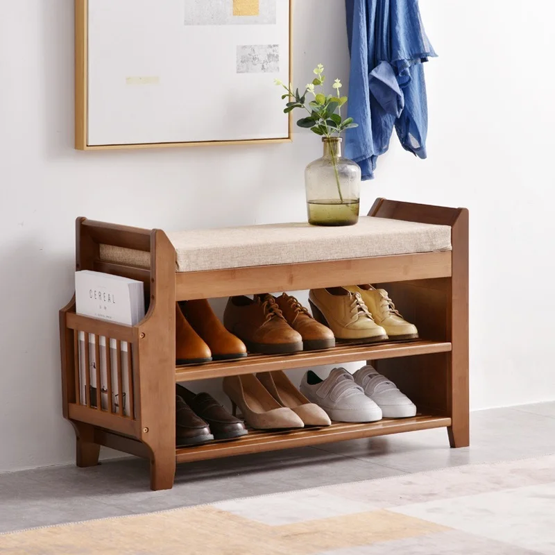 

Natural Bamboo Shoe Storage Rack Bench with 2-Tier Cushion Seat Living Room Shoe Organizer Entryway Storage Hallway Furniture