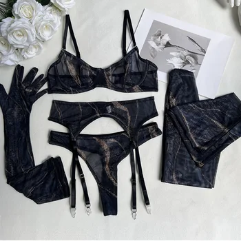 Lencería erótica senual, ropa interior de encaje teñido anudado con medias, guantes largos transparentes, trajes de Bilizna, conjunto Sensual elegante 6