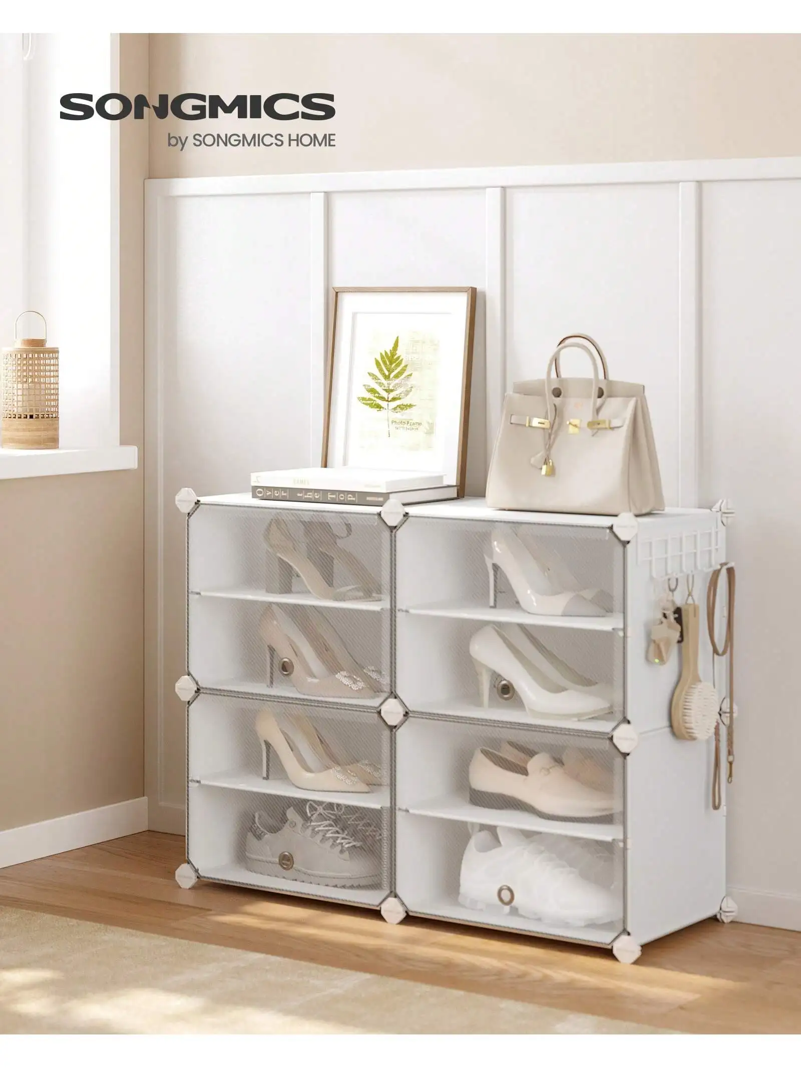 Scarpiera SONGMICS, armadio modulare a 4 slot, 30x40x30 cm per fessura, bianco con ante, struttura in acciaio, pannelli in plastica