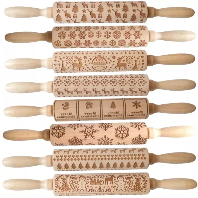 Wood Christmas Printing Rolling Pin Wooden Carvings Embossing Elk Snowflake Christmas Tree Snowman Rolling Pin Cookies Crafts Wood Christmas Printing Rolling Pin Wooden Carvings Embossing Elk Snowflake Christmas Tree Snowman Rolling Pin Cookies Crafts