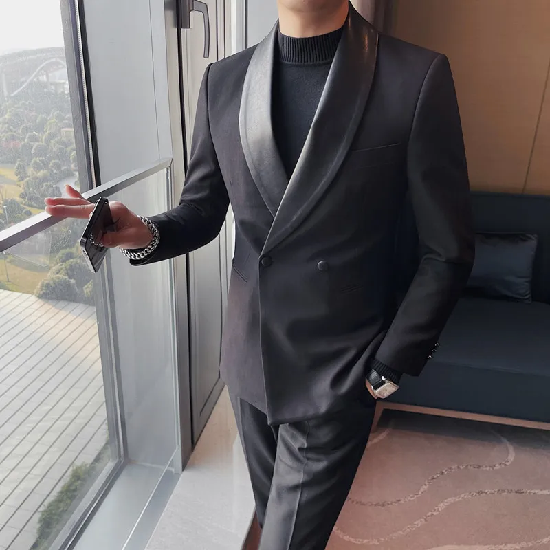 Spring New Double breasted Men's High Order Supply Host emcee suit Men's jacket Solid color patchwork leather suit S-4XL