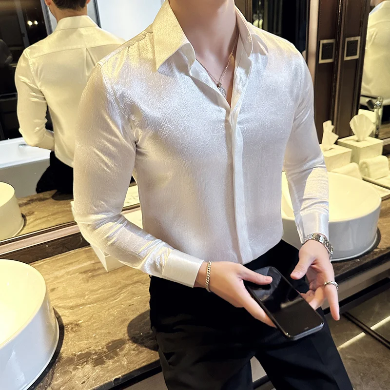 Social Men Dress Shirts High Quality Bright Drape Anti-wrinkle Long Sleeve Shirt Chic Design Shirt For Men Golden 4XL New 2024