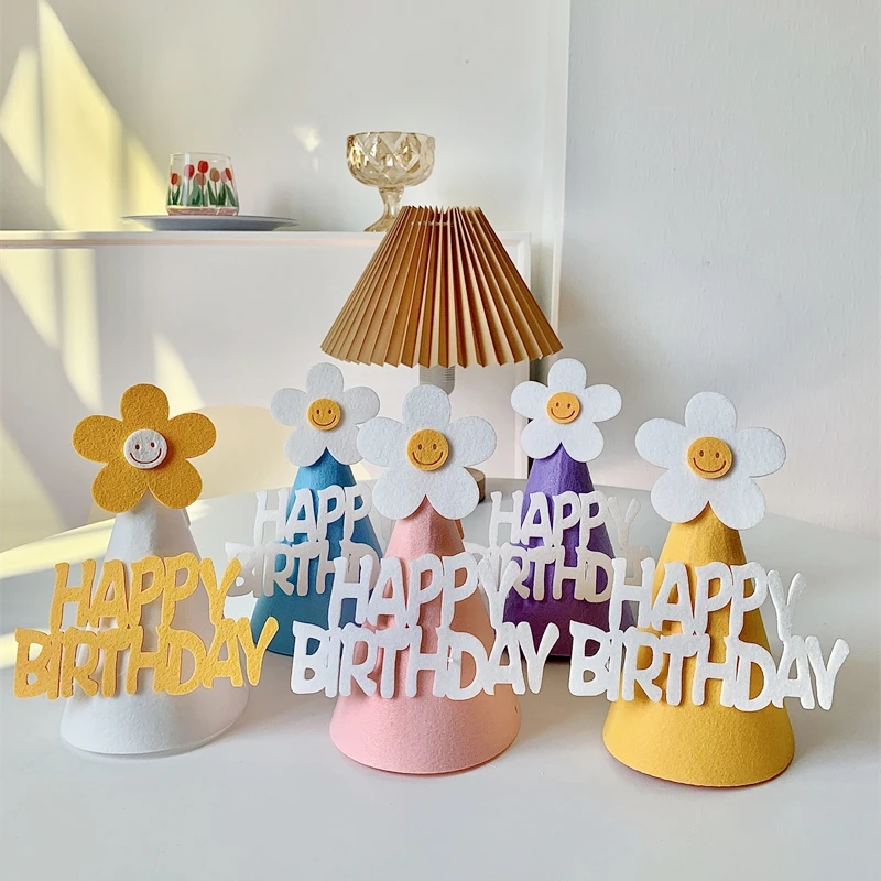 Happy Birthday Felt Hat Bowknot Cone Hats Flower Strawberry Cap Baby's DIY Handmade Crown Cute Party Supplies for Adult Kids