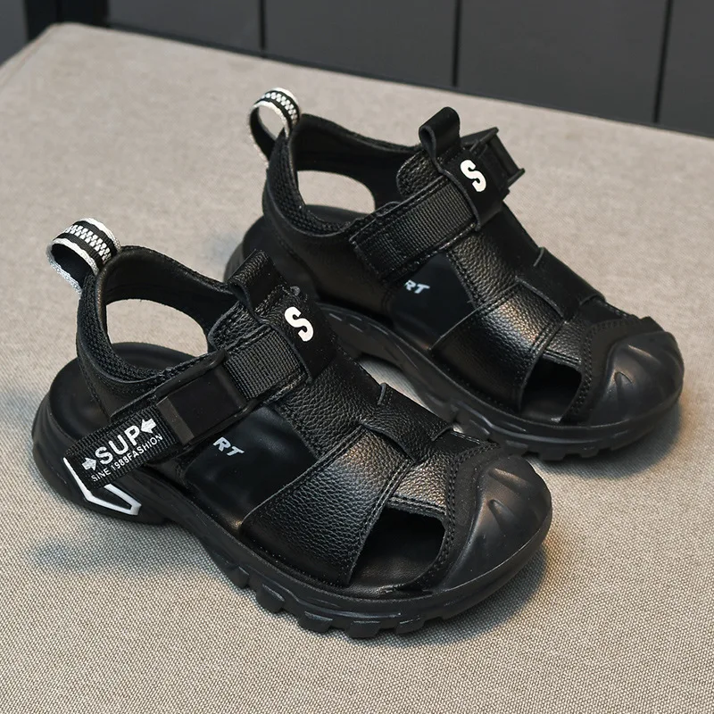 Children Sandals Geniune Leather Soft Bottom Toe Protection Sandals Boy's Summer Non-slip Beach