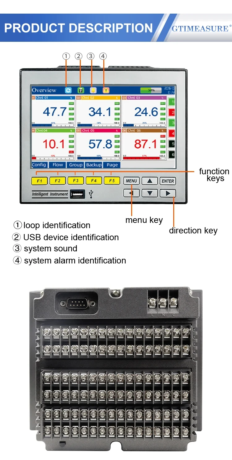 R7100 7 Inch Paperless Recorder RS485 1-16CH Temperature Pressure Current Voltag