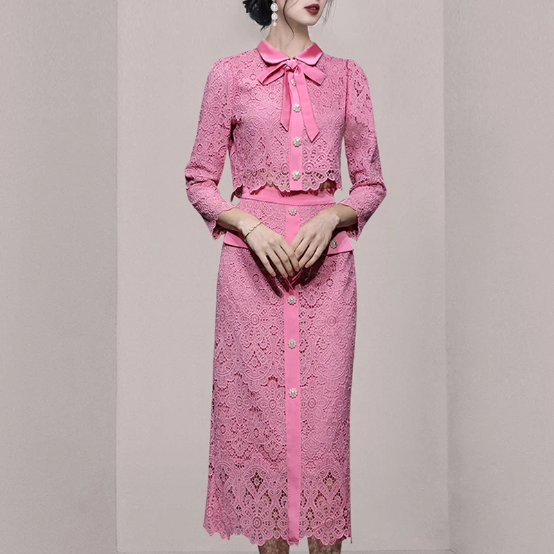 

Korean Elegant Pink Sweet Small Fragrance Long Sleeve Shirt Top + High Waist Slim Skirts Two Pieces Set Suits Outfit For Women