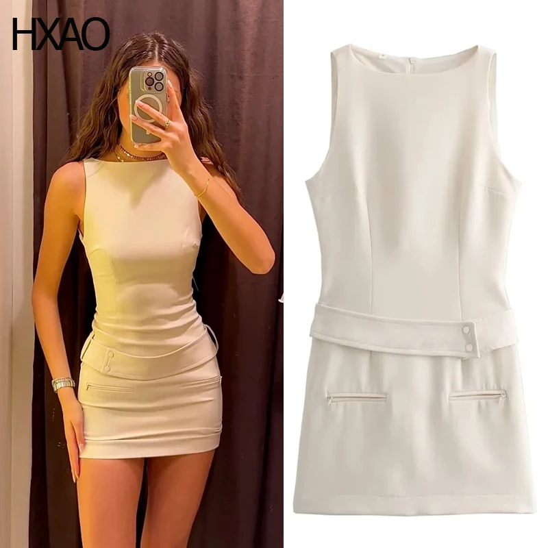 

HXAO Off White Mini Dress Women's Dress TRAF Short Dresses With Belt Summer Dresses Woman Sleeveless Casual Dress Female Dress