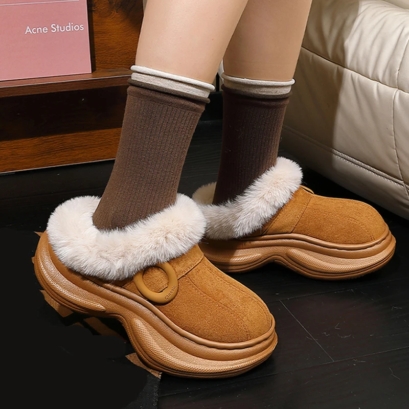 Fashion Chunky Platform Fluffy Slippers Women Outdoor Faux Suede Thick Bottom Cotton Slides Woman Warm Long Plush Home Slippers