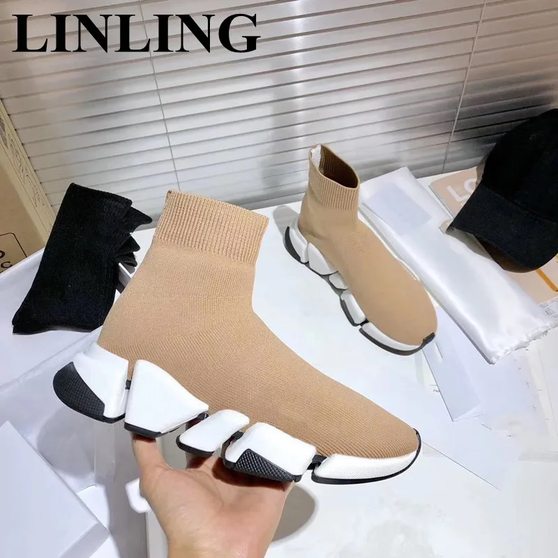 

New Designer Men Stretch Fabric Casual Shoes Women Luxury Thick Sole Platform Sneakers Slip-on Flats Sock Sports Shoes Woman