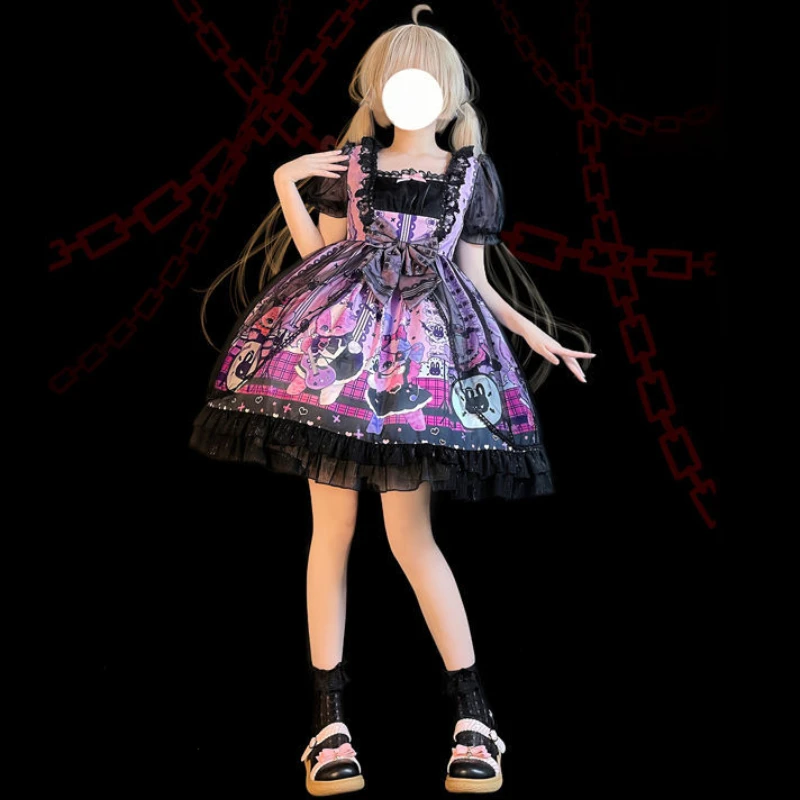 Japanese Gothic Lolita OP Dress E-Girl Harajuku Punk Cute Bow Dark Cartoon Rabbit Print Mini Dresses Women Kawaii Party Vestidos